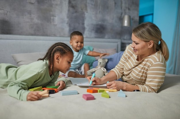 A toddler is happily participating in a structured activity, such as playing with building blocks or reading a book with a parent, in a well-organized playroom.