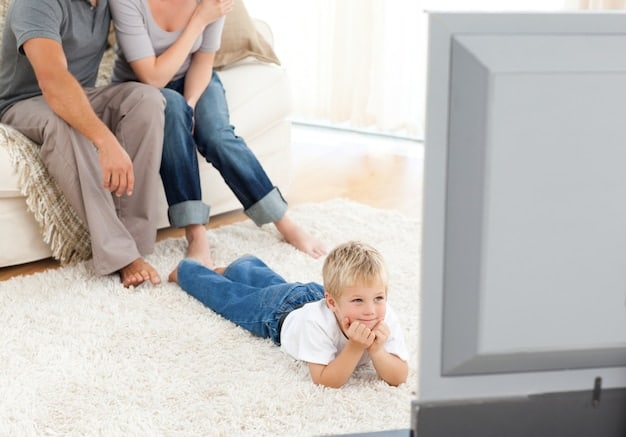 A child (aged 7-9) sitting on the floor, slightly too close to a large TV screen, eyes glazed over. The room is dimly lit, and there are toys scattered around, suggesting neglect of playtime activities. The image should convey the unhealthy and potentially isolating experience of excessive, unsupervised screen time.