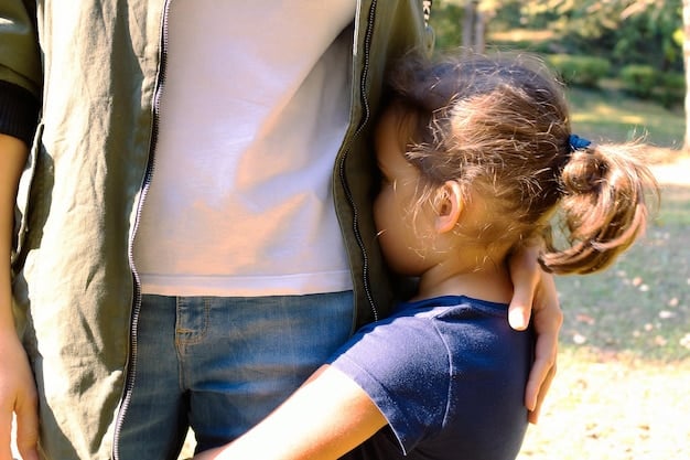 A young child hugging their parent tightly, both showing signs of stress. The background is blurred, suggesting a chaotic environment.