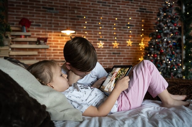 A parent reading a bedtime story to their child, both smiling and relaxed. The room is softly lit with a nightlight.