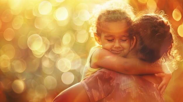 A Mom hugging his daughter, the children are smiling, full of joy, and the light is soft and harmonic.