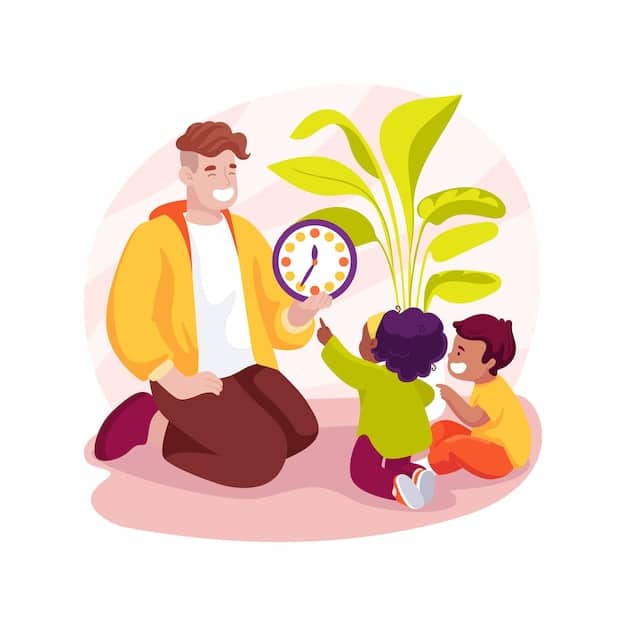 A depiction of a parent using a visual timer to help their child understand transitions during playtime. The timer is set for a few minutes, and the parent is sitting with the child, explaining when it's time to switch activities, promoting patience and understanding.