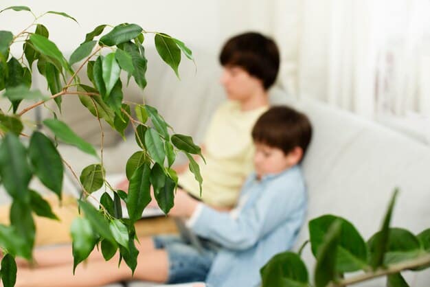 A therapist listening to a teenage boy in her office. The boy looks stressed and is sitting slumped in his chair. Soft colors and plants in background.