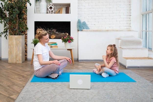 A child sitting on a cushion practicing deep breathing exercises, guided by a parent or caregiver. The child is smiling slightly and appears relaxed. The background is a neutral color, and the scene is calm and inviting.
