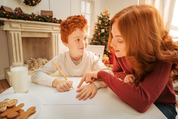 A child writing in a journal with a parent sitting beside them, offering encouragement. The journal is open on a table with colorful pens and stickers nearby. The atmosphere is supportive and creative.