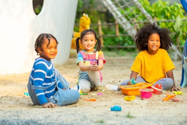 A group of diverse children playing together in a sandbox. Some are building sandcastles, others are digging tunnels, and they are all interacting and sharing tools with each other. The image captures the joy and collaboration of unstructured play, highlighting its social benefits.