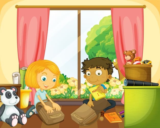 A young girl sitting on her father's lap while he reads her a serious book. He is looking at her with concern. She is holding a stuffed animal. The background is filled with bookshelves and toys.