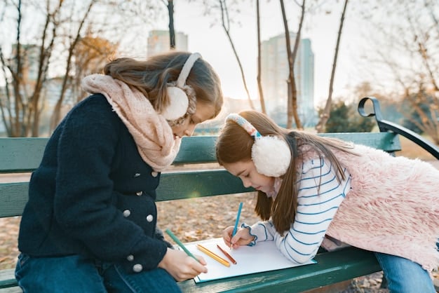A parent and child sitting together, writing affirmations in a notebook with colorful pens.