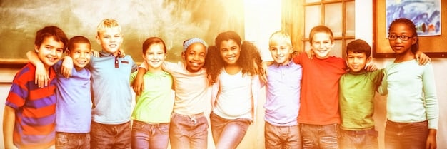 A diverse group of children standing in a circle, reciting affirmations with enthusiastic expressions.