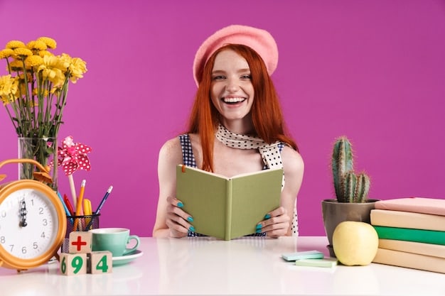 A young girl sitting at a desk, surrounded by colorful books and educational materials, with a whiteboard displaying a mind map behind her. She is wearing glasses and focused intently on a drawing she is creating.
