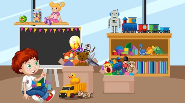 A well-organized child's play area. Toys are categorized and stored in clear, labeled bins on shelves. A colorful rug defines the space, and there's a small table for arts and crafts.