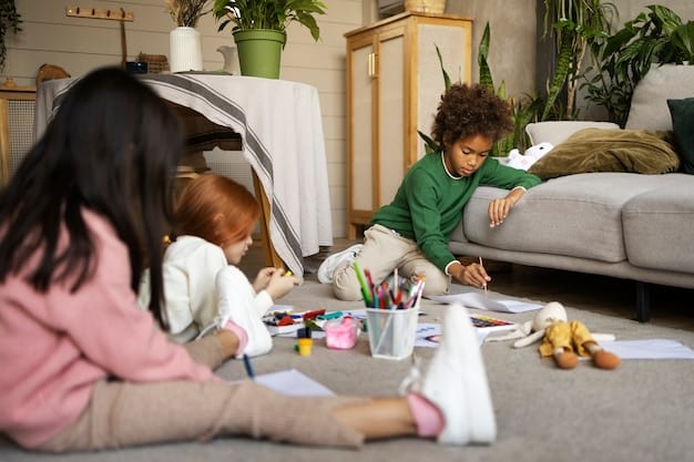 A family working together to organize their living room. The children are putting toys in bins, while the parents are folding blankets and tidying up the coffee table. Everyone is smiling and engaged.