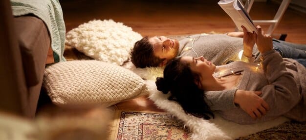 A family together practicing relaxation techniques in a calm living room, with soft lighting and a sense of comfort.