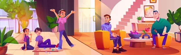 An illustration depicting a family meeting in a comfortable living room. Parents and children are seated together, engaged in a discussion. The atmosphere is positive, with smiles and open body language, suggesting a productive and collaborative conversation.