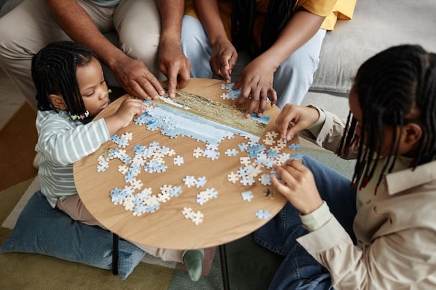 A diverse group of children sitting around a table, working together on a puzzle. They are laughing and collaborating, showcasing teamwork and problem-solving skills. Each child is actively engaged, showing their different approaches to finding a solution.