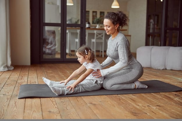 A parent sits cross-legged on a yoga mat with their child, guiding them through a simple breathing exercise. The room is softly lit, creating a calm and peaceful atmosphere. The child is mirroring the parent's actions, focusing on their breath.
