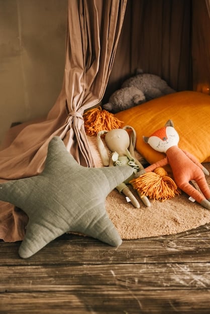 A cozy time-in corner in a child's room, featuring soft cushions, books, and calming sensory toys. A parent and child are sitting together, the parent holding the child close while talking gently. The atmosphere is peaceful and supportive.