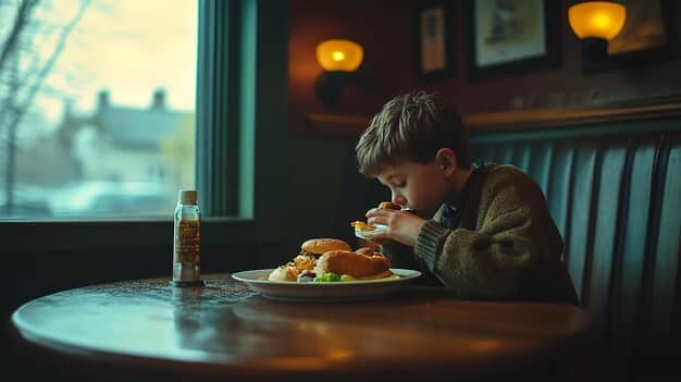 A child sitting alone at a cafeteria table, looking down at a barely touched lunch. The child appears sad and isolated, with other children in the background laughing and talking. The scene conveys a sense of loneliness and potential rejection.