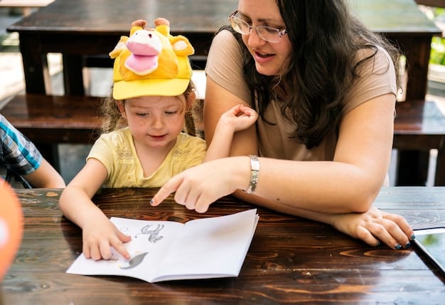 A child happily pointing to words in a multilingual book with their parent, showcasing the active learning process of language acquisition.