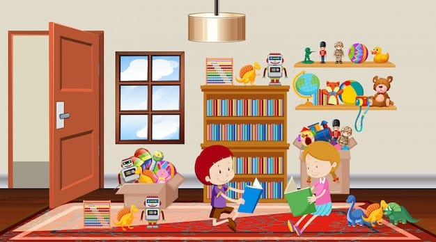 A brightly decorated room with books and toys in two different languages, creating a stimulating and supportive environment for bilingual learning.