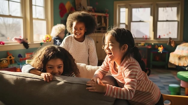 A diverse group of children play joyfully in a bright and well-equipped daycare center. Caregivers are interacting with the children, creating a warm and supportive atmosphere.