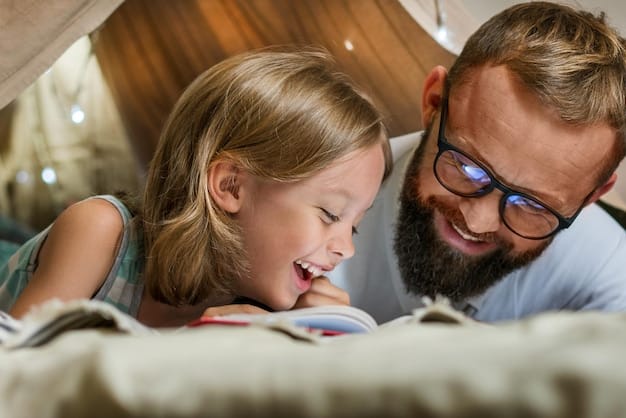 A working father is playfully interacting with his daughter, reading a book together with genuine enthusiasm and joy. They are both smiling and engaged in the story.