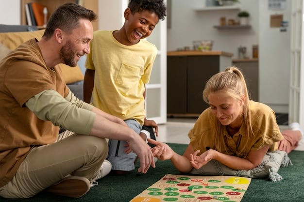 A close-up shot of a family playing a cooperative board game. The focus is on the game board and the hands of the players as they work together to solve a puzzle. The atmosphere is tense but collaborative, with family members exchanging glances and offering suggestions.