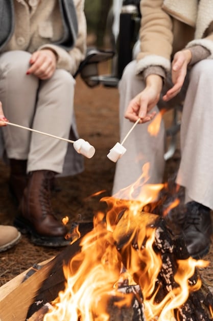 A family is gathered around a small campfire in their backyard, roasting marshmallows on sticks. They are laughing and talking, enjoying each other's company. The scene is set at dusk, with the sky a mix of orange and purple.