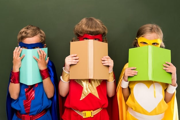 Three children dressed up in homemade costumes, enthusiastically acting out a scene from a storybook. They are using props to add realism to their performance, and their faces are full of joy and excitement.