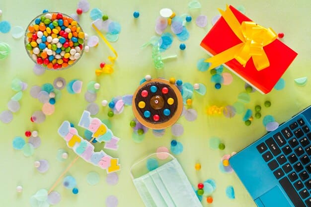 A collection of small, wrapped prizes (toys, candy, gift cards) arranged on a table. The prizes are colorful and appealing, suitable for a variety of ages. The background is a blurred living room setting.
