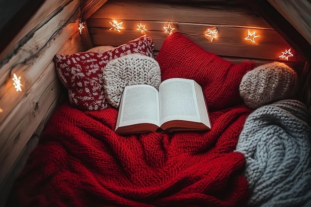 An interior view of a finished fort, showcasing pillows, blankets, a flashlight, and a book, creating a cozy and inviting atmosphere.