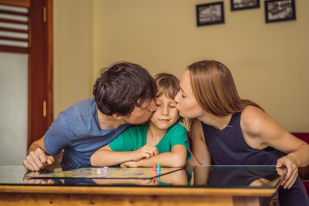 A split-screen image showing parents and children separately engaged in language learning games. On one side, parents are using a language learning app on their laptops. On the other, children are playing interactive language games on tablets.