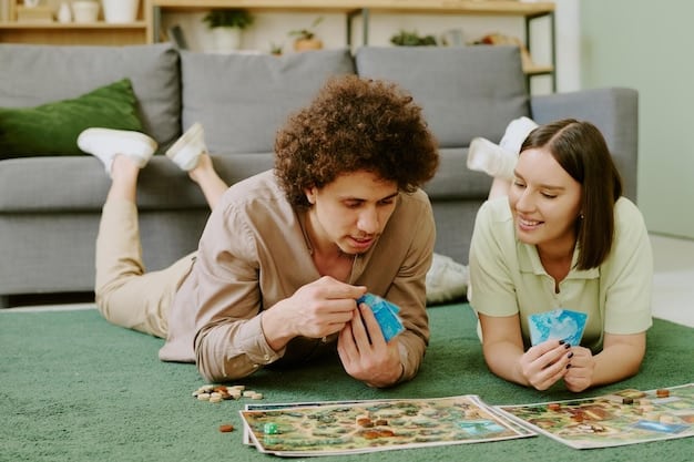 A family sitting on the floor, playing a language-learning board game together. The game board features colorful images and words in the target language. The family members are laughing and interacting, showing a sense of fun and collaborative learning.