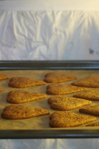 Close-up shot of homemade chicken and veggie nuggets being baked on a sheet pan in a bright, clean oven. The nuggets are golden brown and feature visible flecks of colorful vegetables.