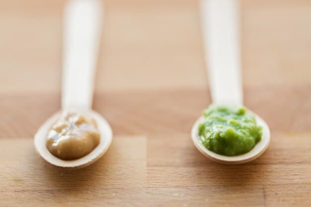 A close-up shot of two baby food labels side-by-side, one organic and one non-organic. The organic label prominently displays the USDA Organic seal, while the non-organic label shows a list of common additives and preservatives. The focus is on the ingredient lists, making the differences easily visible.
