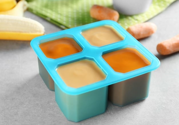 A variety of frozen baby food portions in labeled containers, neatly arranged in a freezer, demonstrating organized and efficient storage techniques.
