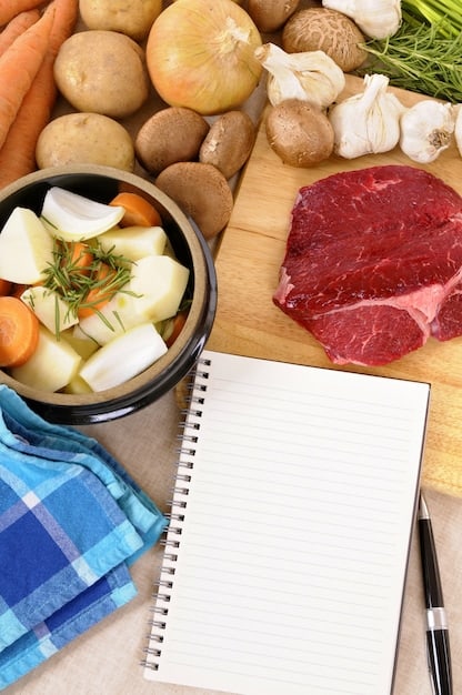 A well-organized shopping list next to a selection of fresh vegetables and meat, ready for a batch cooking session.