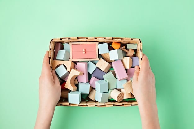 A close-up shot of a child's hands sorting through a box of toys. Some toys are marked with a red 