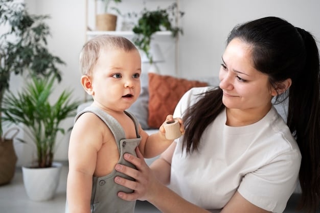 A concerned mother carefully examining her baby's skin for signs of allergic reactions, such as hives or eczema. The baby is calmly sitting on her lap, and the mother is gently touching the baby's arm while looking closely at the skin. The image highlights the vigilance required to monitor for food allergies.