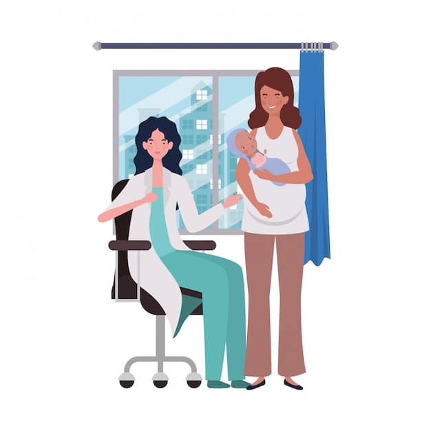 A pediatrician smiling and talking to a mother holding her baby in her lap. The doctor is pointing to a chart about introducing solids, and the mother is listening attentively. The scene takes place in a well-lit doctor's office.