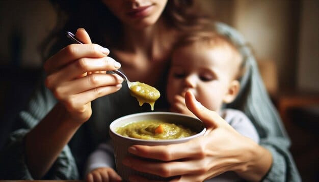 A mother patiently feeding her baby small spoonfuls of pumpkin puree. The baby is making a slightly unsure face, but the mother is smiling encouragingly. The scene takes place in a bright, clean kitchen.