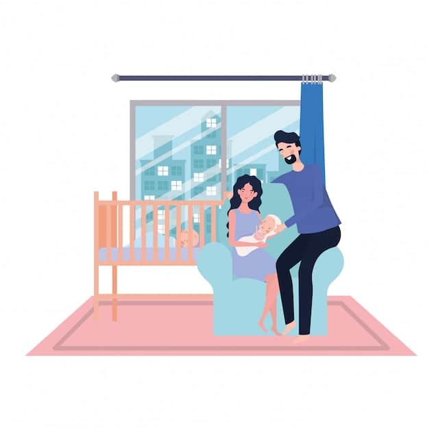 An illustration of a baby sleeping supine in a crib next to the parent's bed in the parents' bedroom, demonstrating the concept of room sharing without bed sharing.