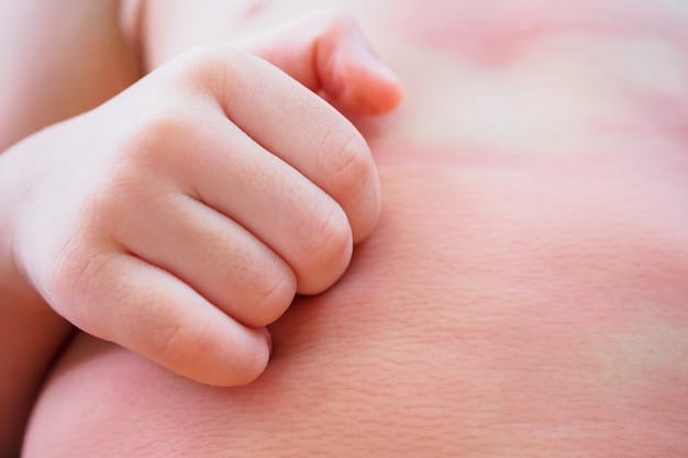 A dermatologist examining a baby's forearm for signs of eczema. The lighting is bright and the focus is on the detailed texture of the skin, highlighting redness & inflammation.