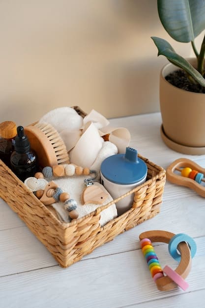 A variety of baby skincare products arranged on a shelf, including gentle cleansers, moisturizers, & eczema creams. Focus on the product labels emphasizing 