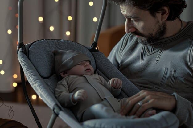 A father gently rocking his baby to sleep, using a swaddle and soft lighting to create a calming environment.