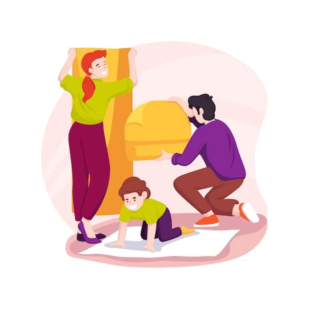 A parent kneeling down at eye level with their child, who is in the midst of a tantrum, with the parent maintaining a calm and supportive expression while listening intently. The background is a blurred living room setting.
