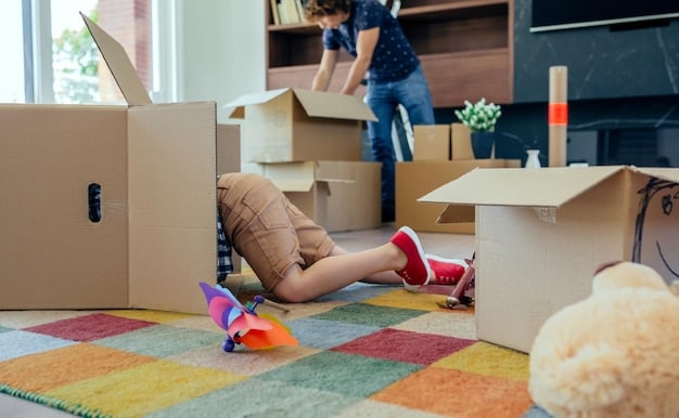 A stressed-looking toddler surrounded by moving boxes, with a potty in the background, illustrating how moving to a new house can cause potty training regression.