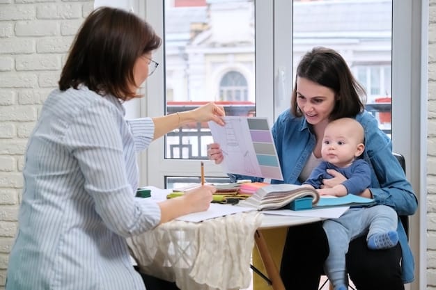A pediatrician is shown sitting with a parent and baby, reviewing a chart indicating the order in which to introduce new foods to minimize allergy risks. The setting is a brightly lit, friendly pediatrician's office.
