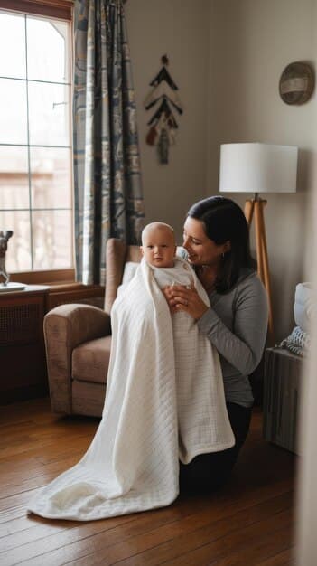 A parent gently swaddling a newborn baby in a soft blanket, getting them ready for sleep. The parent's hands are shown securely wrapping the blanket around the baby.