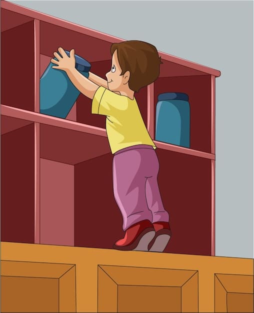 A toddler is attempting to climb a tall bookshelf. The bookshelf is securely anchored to the wall with sturdy straps, preventing it from tipping over. The child is reaching for a book on a higher shelf.
